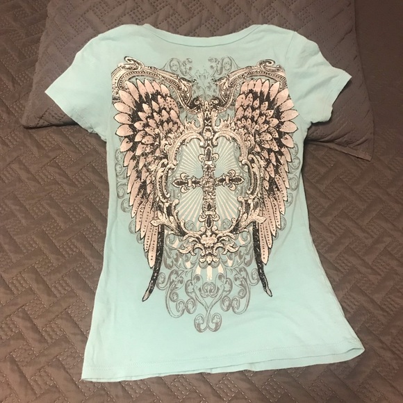 Tiffany blue affliction style winged small shirt. - Picture 2 of 2